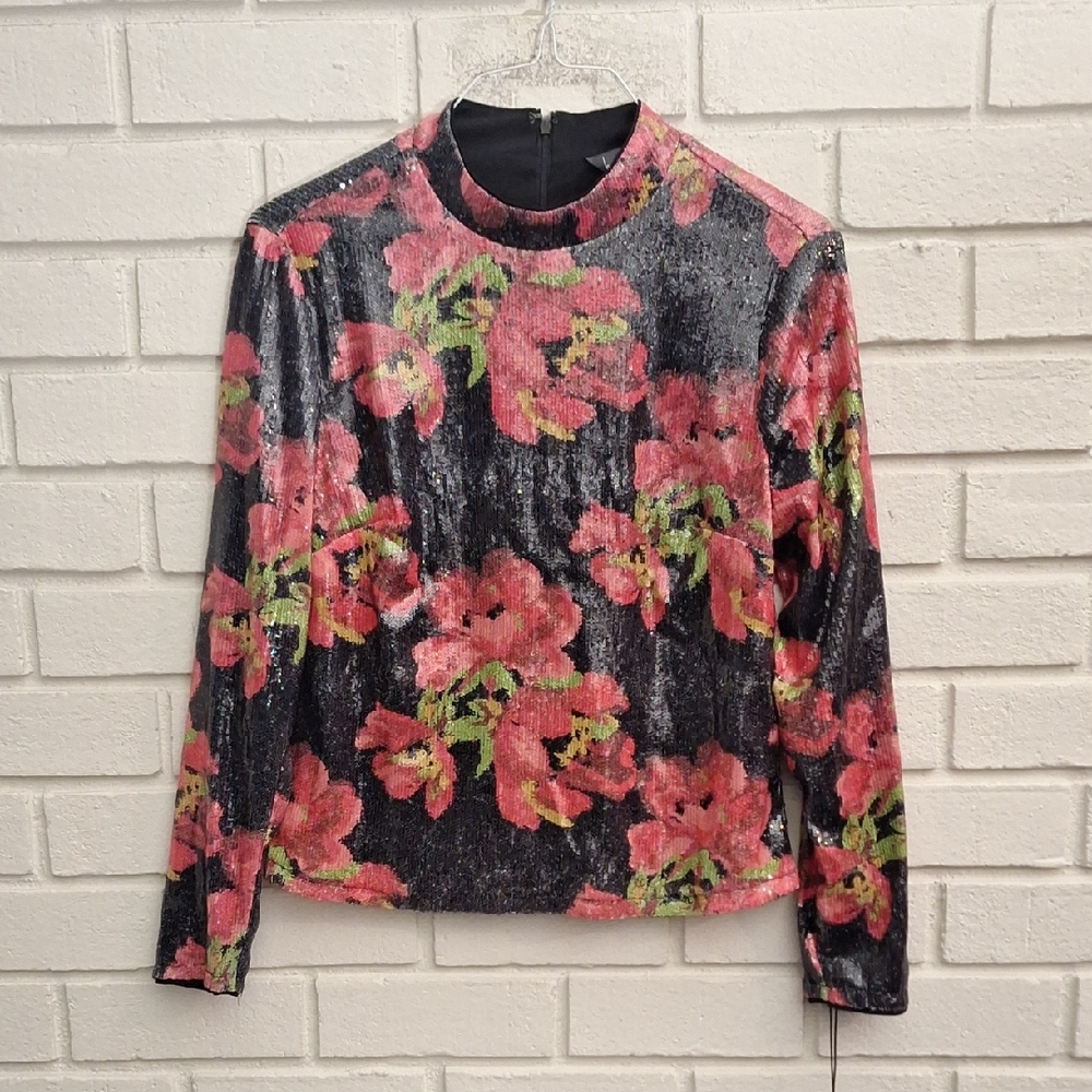 Nicole Miller Black, Pink and Green Floral Sequin Formal Blouse. Size Medium NWT